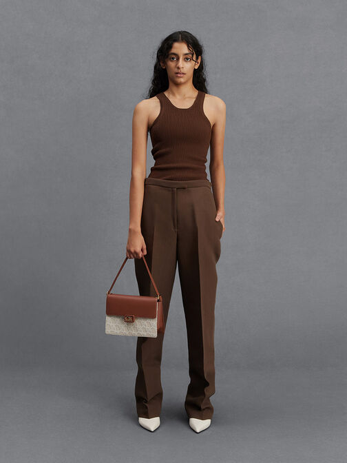 Leather & Canvas Two-Tone Shoulder Bag, Cognac, hi-res