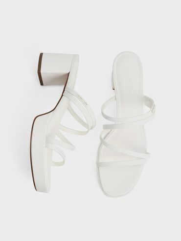 Strappy Block-Heel Mules, White, hi-res
