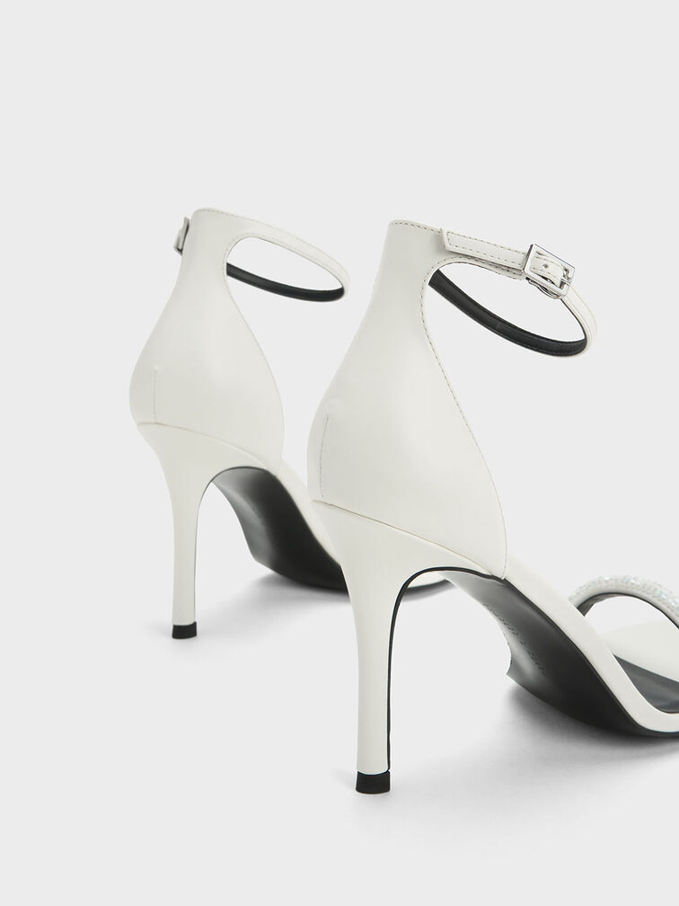 Beaded Strap Heeled Sandals, White, hi-res