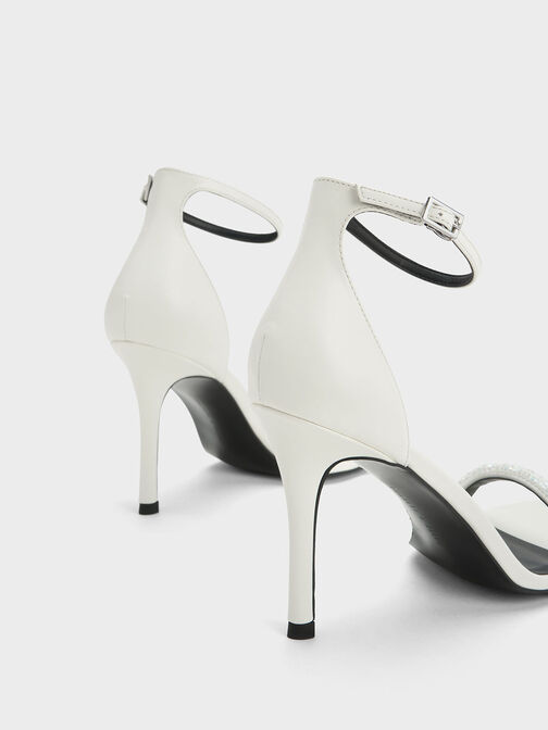 Beaded Strap Heeled Sandals, White, hi-res