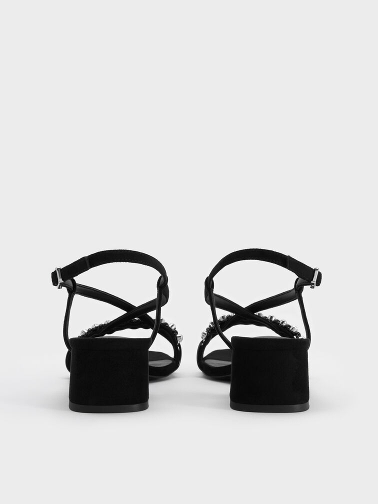 Faux Suede Gem Heeled Slingback Sandals, Black Textured, hi-res