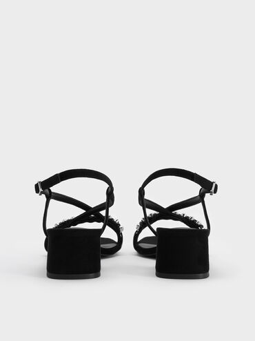 Faux Suede Gem Heeled Slingback Sandals, Black Textured, hi-res