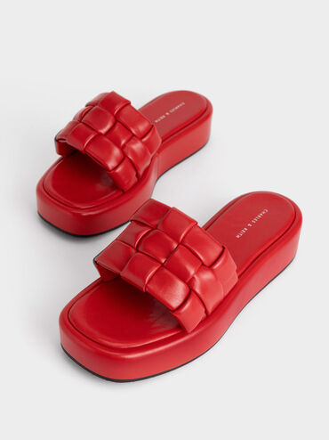 Interwoven Strap Platform Sandals, Red, hi-res
