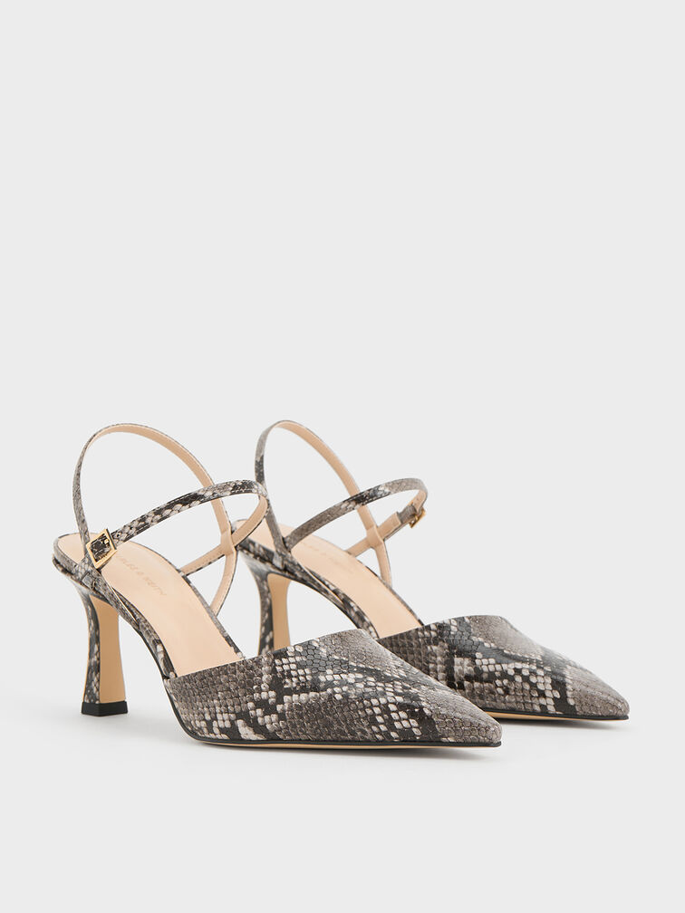 Snake-Print Pointed-Toe Flared Heel Pumps, Animal Print Natural, hi-res