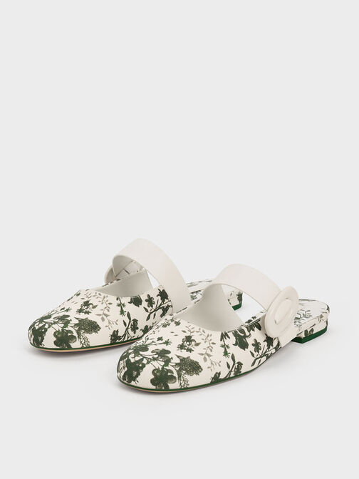 Floral-Print Oval-Buckle Flat Mules, Green, hi-res