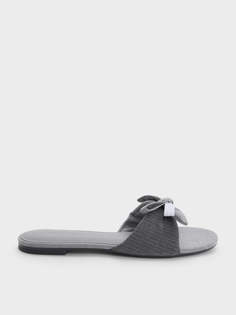 Striped Knot-Bow Slide Sandals, Grey, hi-res
