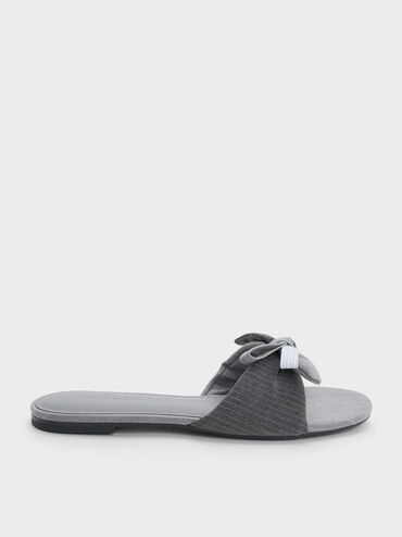 Striped Knot-Bow Slide Sandals, Grey, hi-res