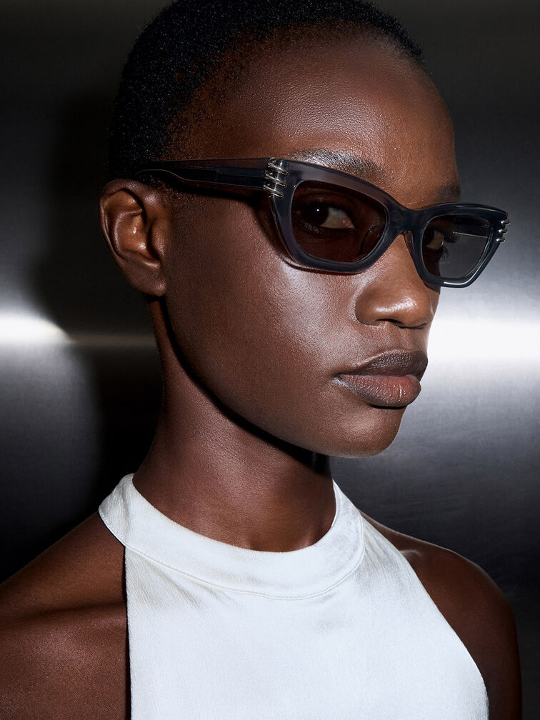 Recycled Acetate Metallic-Accent Angular Cat-Eye Sunglasses, Navy, hi-res