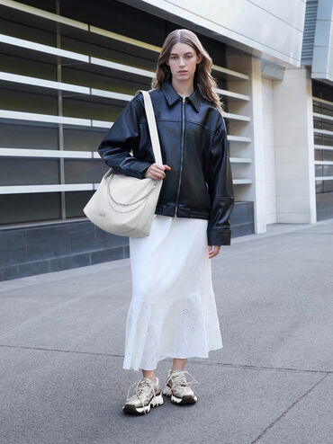 Nylon Chain-Link Slouchy Shoulder Bag, Light Grey, hi-res