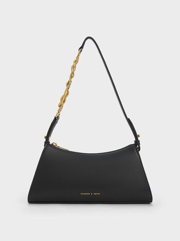Metallic-Accent Strap Trapeze Bag, Black, hi-res