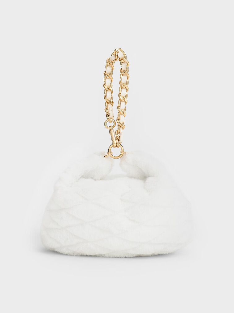 Duo Furry Quilted Crescent Bag, White, hi-res
