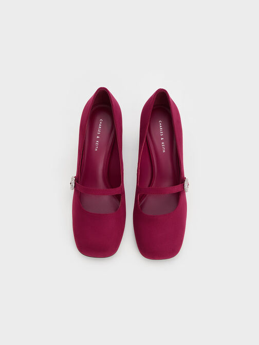 Textured Crystal-Embellished Mary Jane Pumps, Red, hi-res
