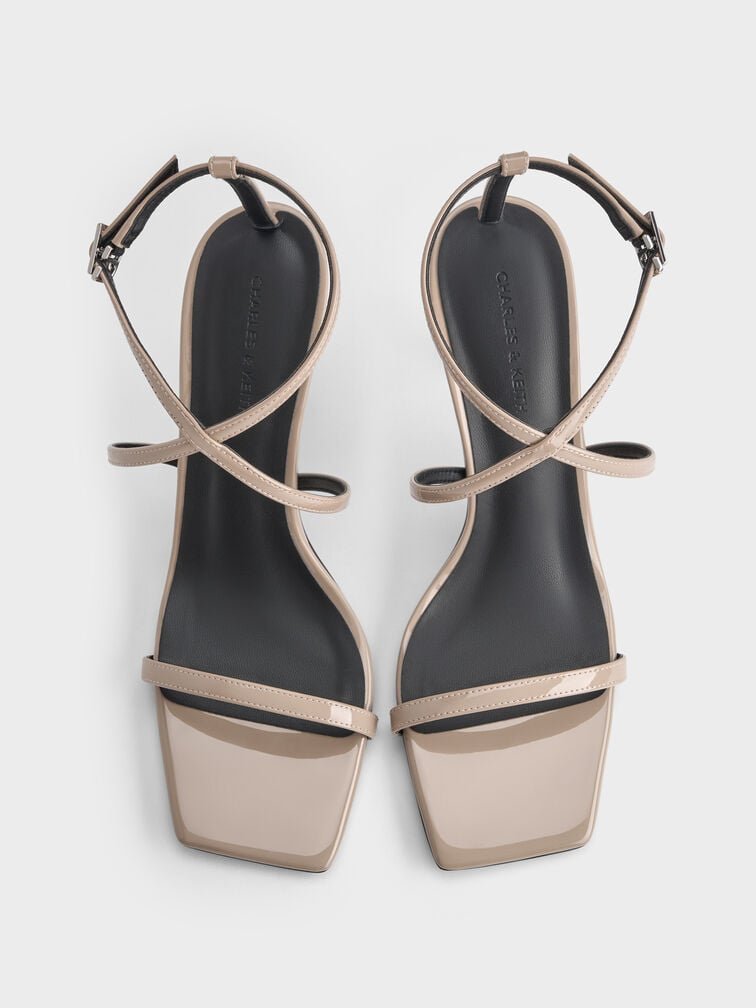Patent Strappy Ankle-Strap Heeled Sandals, Taupe, hi-res