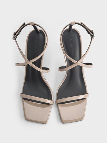 Patent Strappy Ankle-Strap Heeled Sandals, Taupe, hi-res