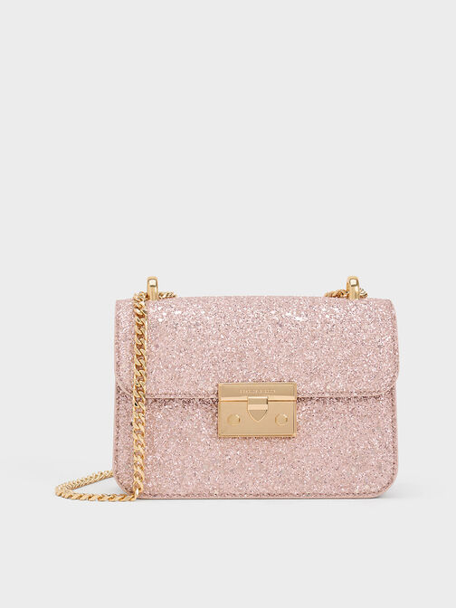 Glittered Push-Lock Chain-Handle Bag, Blush, hi-res