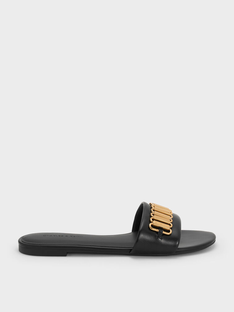 Metallic-Accent Slide Sandals, Black, hi-res