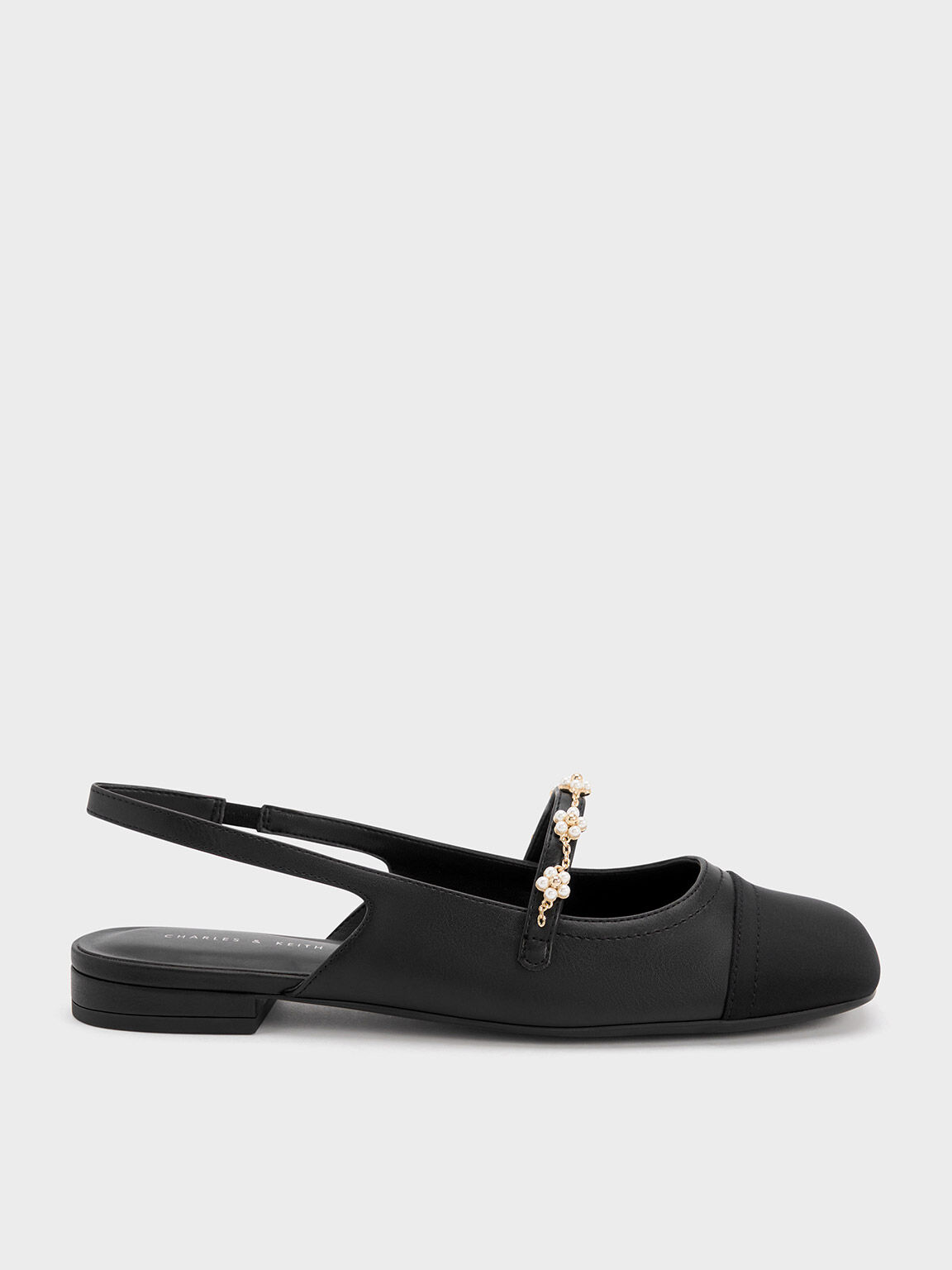 Beaded Flower Slingback Flats, Black, hi-res