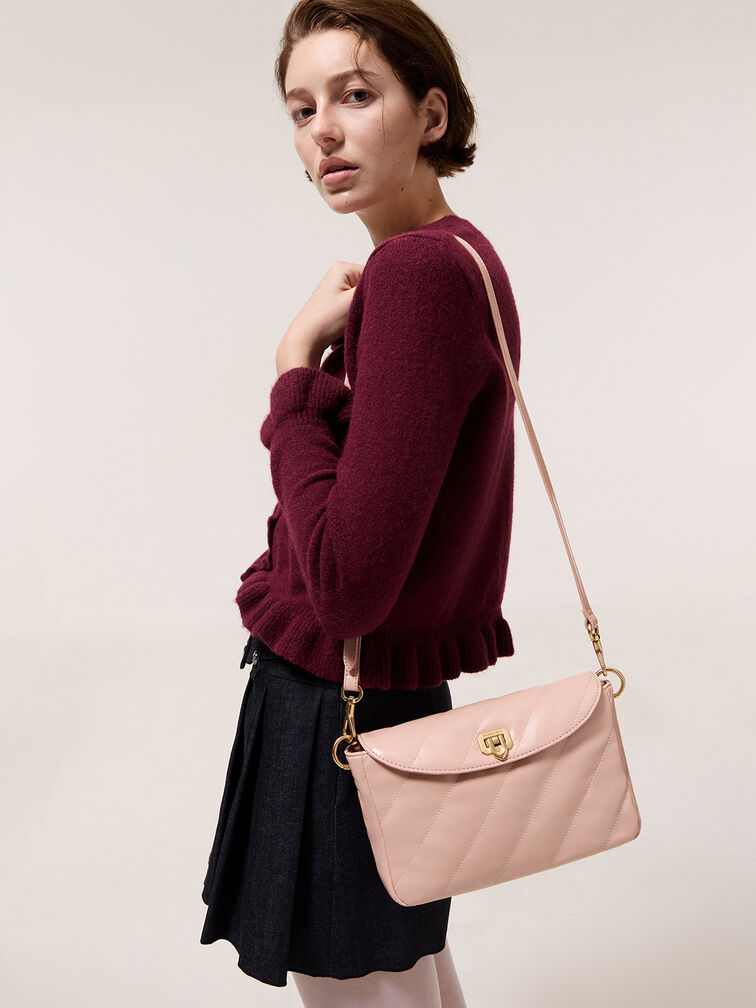 Fawn Panelled Front Flap Chain-Handle Bag, Light Pink, hi-res