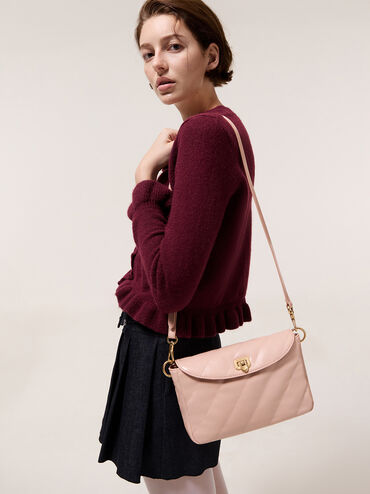 Fawn Panelled Front Flap Chain-Handle Bag, Light Pink, hi-res