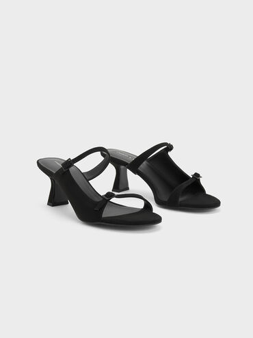 Textured Double Strap Heeled Mules, Black, hi-res