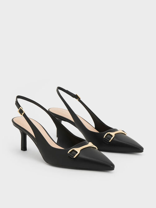 Metallic-Accent Slingback Pumps, Black, hi-res