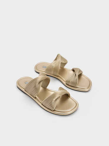 Pleated Twist Strap Slides, Gold, hi-res