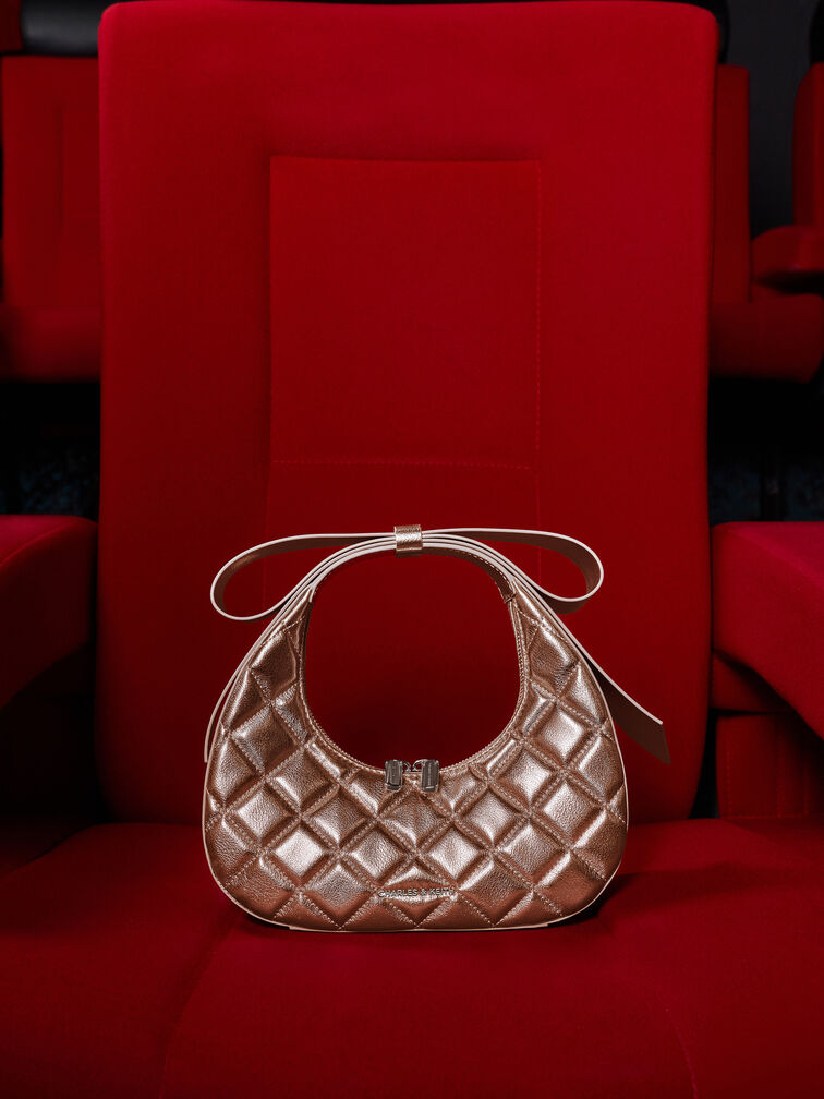Janie Metallic Quilted Bow-Handle Bag, Rose Gold, hi-res