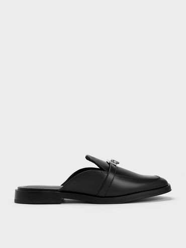 Metallic Accent Loafer Mules, Black, hi-res