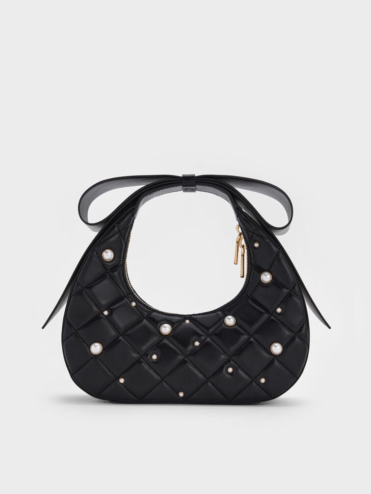 Janie Quilted Pearl Bow-Handle Bag, Black, hi-res