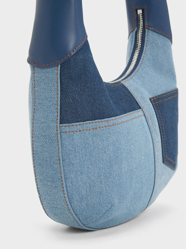 Anthea Denim Contrast-Trim Curved Hobo Bag, Denim Blue, hi-res