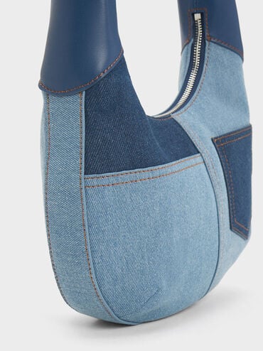 Anthea Denim Contrast-Trim Curved Hobo Bag, Denim Blue, hi-res