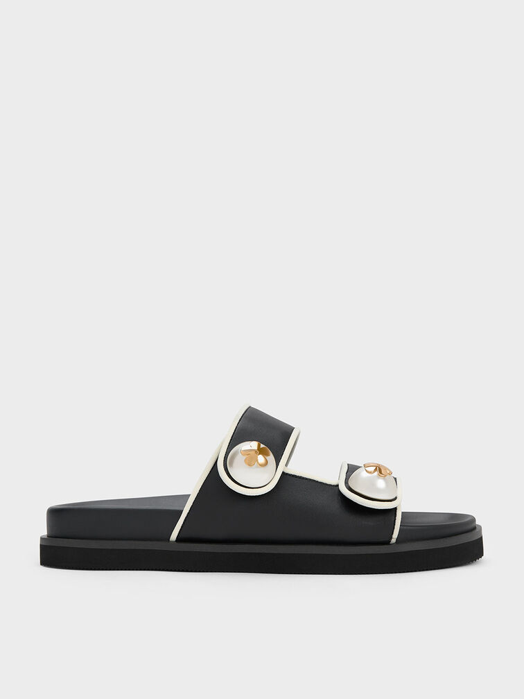 Aeryn Pearl Embellished Contrast-Trim Slides, Black, hi-res