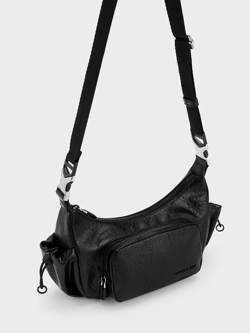 Soleil Crinkle-Effect Shoulder Bag, Noir, hi-res