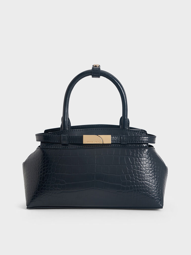 Aurelia Croc-Effect Metallic-Accent Elongated Tote, Navy, hi-res