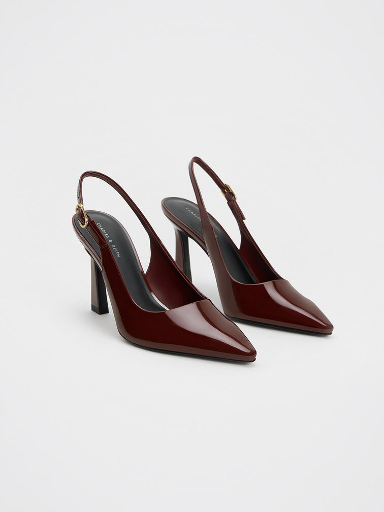 Patent Trapeze Heel Slingback Pumps, Burgundy, hi-res