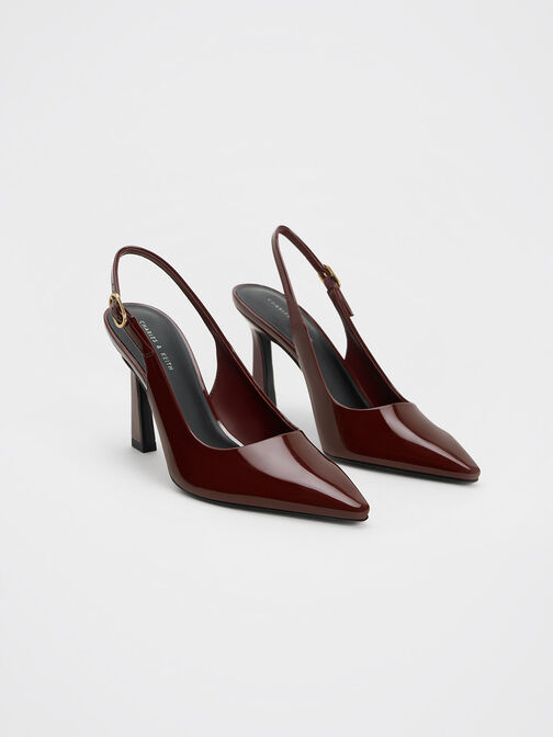 Patent Trapeze Heel Slingback Pumps, Burgundy, hi-res