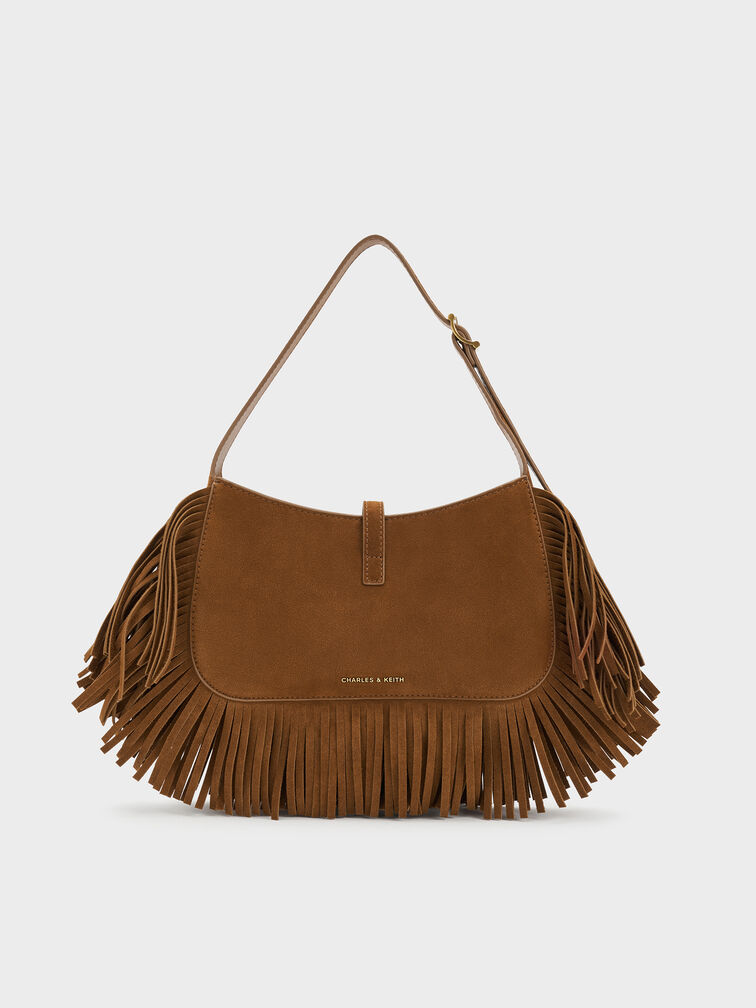 Cesia Recycled Suede Fringed Hobo Bag, Sienna Brown, hi-res