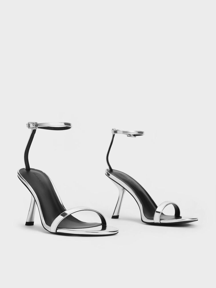 Metallic Slant-Heel Ankle-Strap Sandals, Silver, hi-res