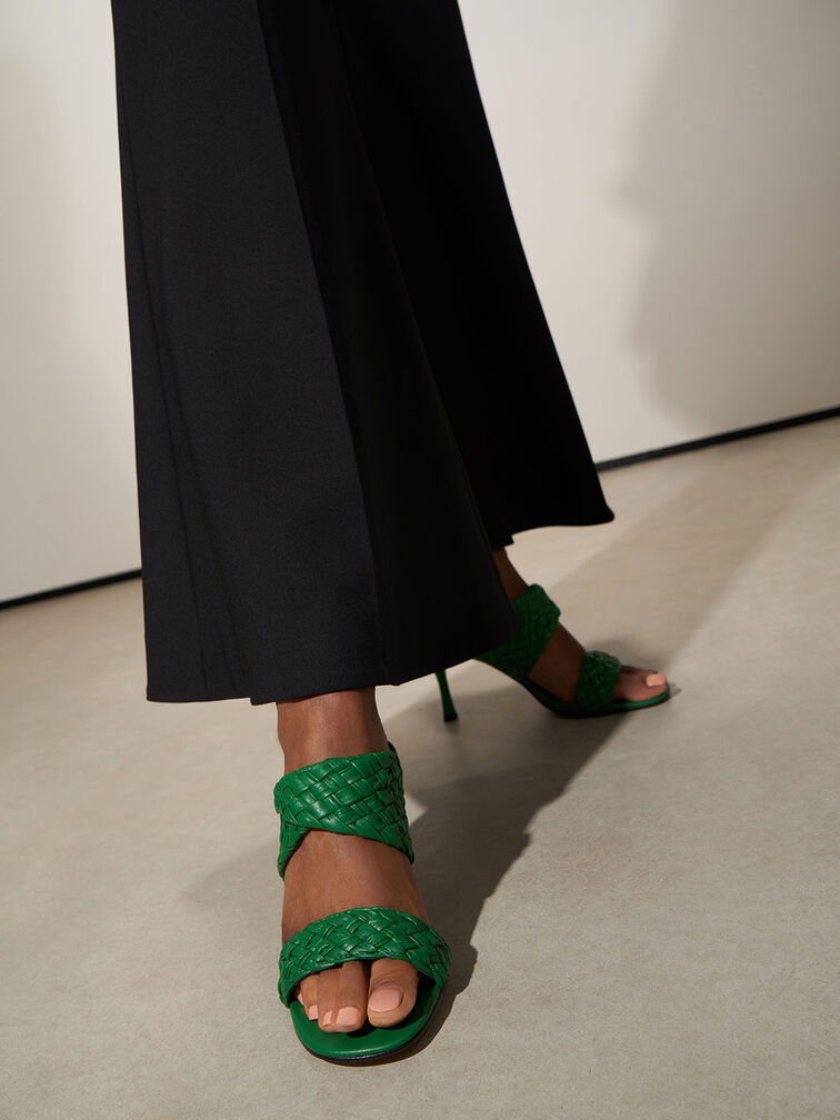 Double Strap Woven Heeled Mules, Green, hi-res