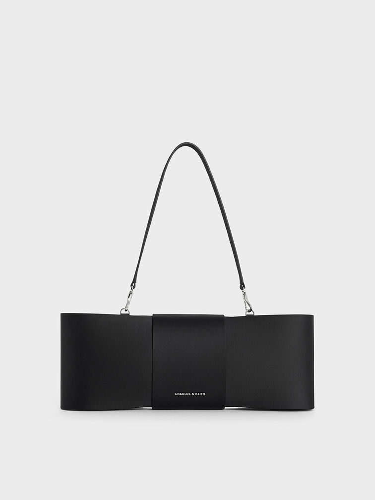Satin Bow Elongated Shoulder Bag, Noir, hi-res