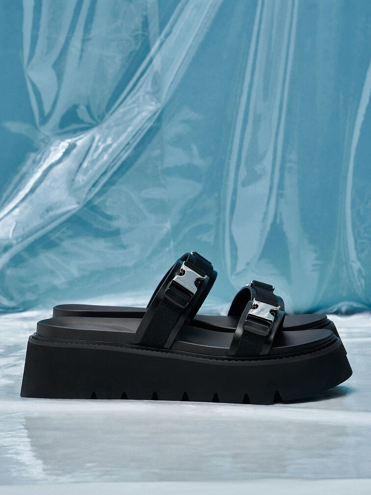 Laine Metallic-Buckle Flatform Sandals, Black, hi-res