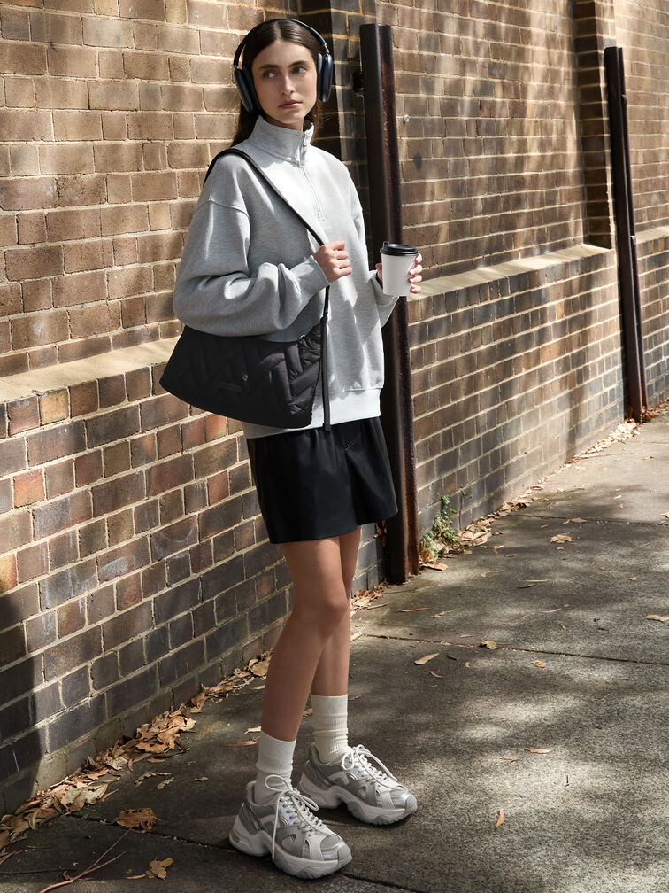 Nylon Chevron Shoulder Bag, Jet Black, hi-res