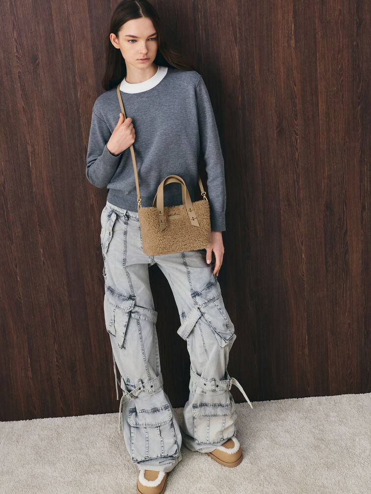 Mini Shania Faux Shearling Double-Handle Tote Bag, Nutmeg Beige, hi-res