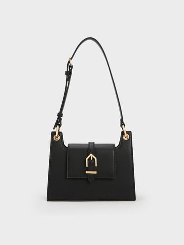 Belted Front Flap Shoulder Bag, Black, hi-res