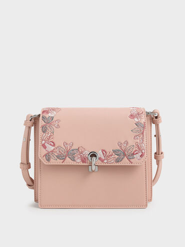 Floral Embroidered Turn Lock Bag, Pink, hi-res