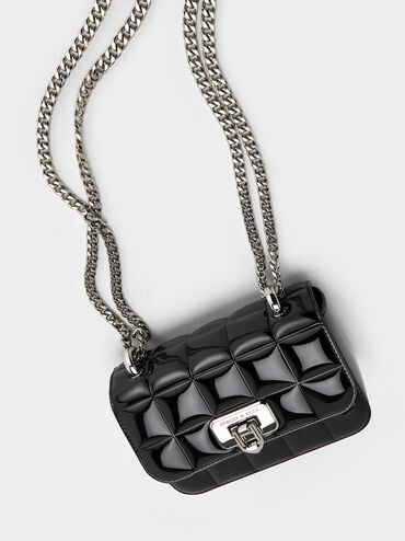 Patent Square-Quilted Chain-Handle Bag, Noir, hi-res