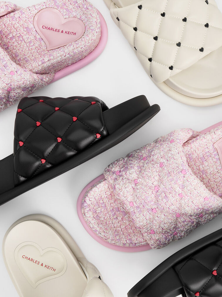 Dahlia Padded Quilted Heart-Print Sandals, Black, hi-res