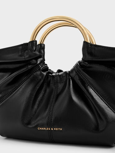 Ciara Ruched Metal Top Handle Bag, Black, hi-res