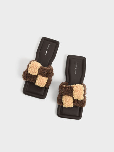 Furry Interwoven Strap Slides, Dark Brown, hi-res