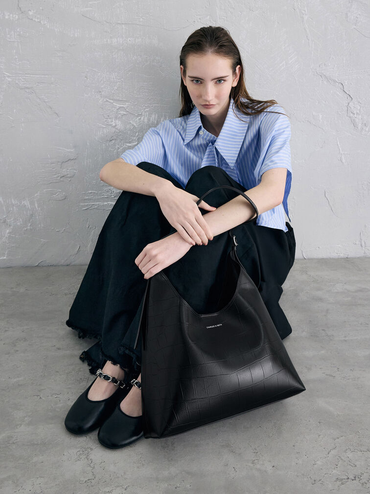 Liv Croc-Effect Hobo Bag, Noir, hi-res